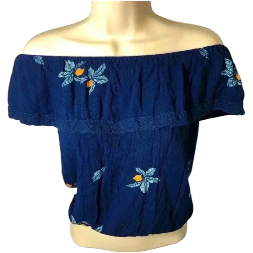 Mossimo Navy Blue Floral Lace Ruched Off the Shoulder Ruffle Blouse XS